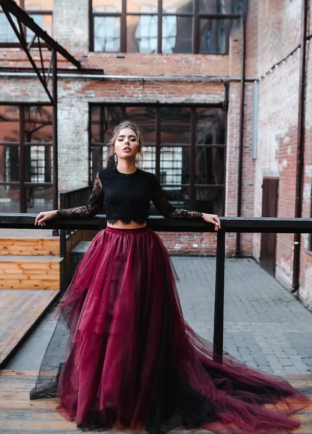 Two Pieces Black Lace Top And Tulle Burgundy Bottom Long Sleeves Open Back Prom Dresses, PDS0307