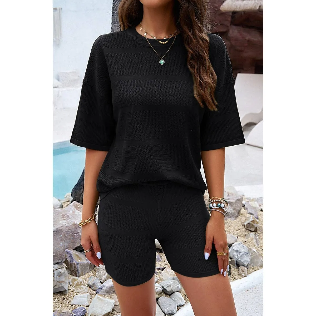 Two Pieces Solid Drop Shoulder Activewear Sets