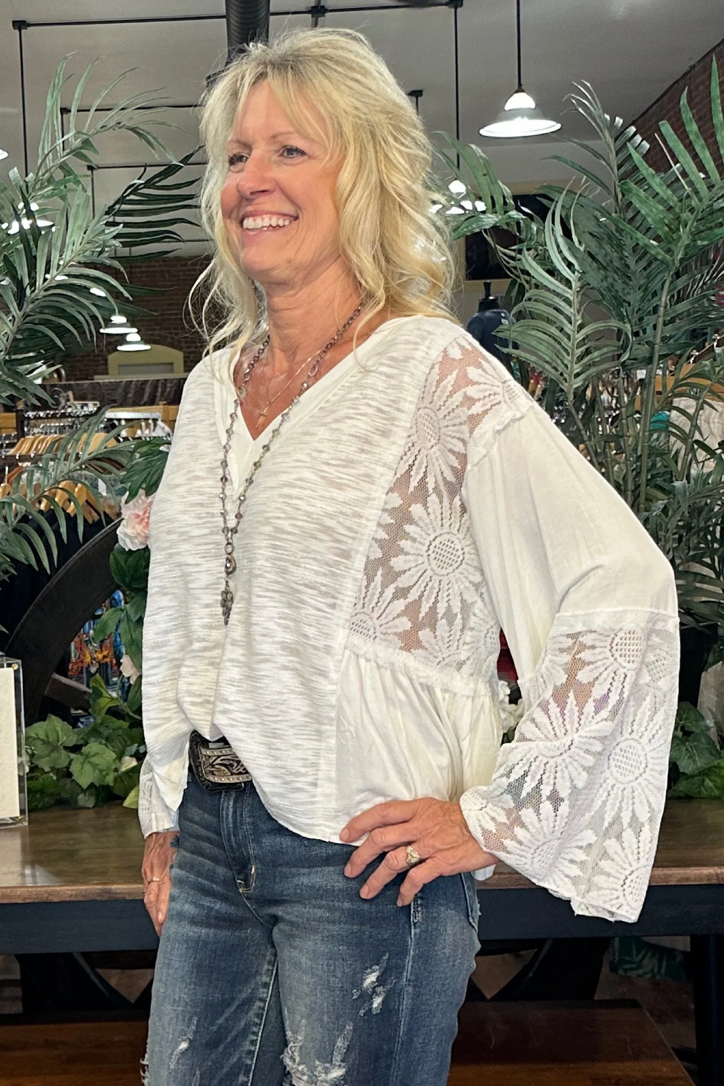 V- Neck Flare Sleeve Lace Detail Ivory Top by POL