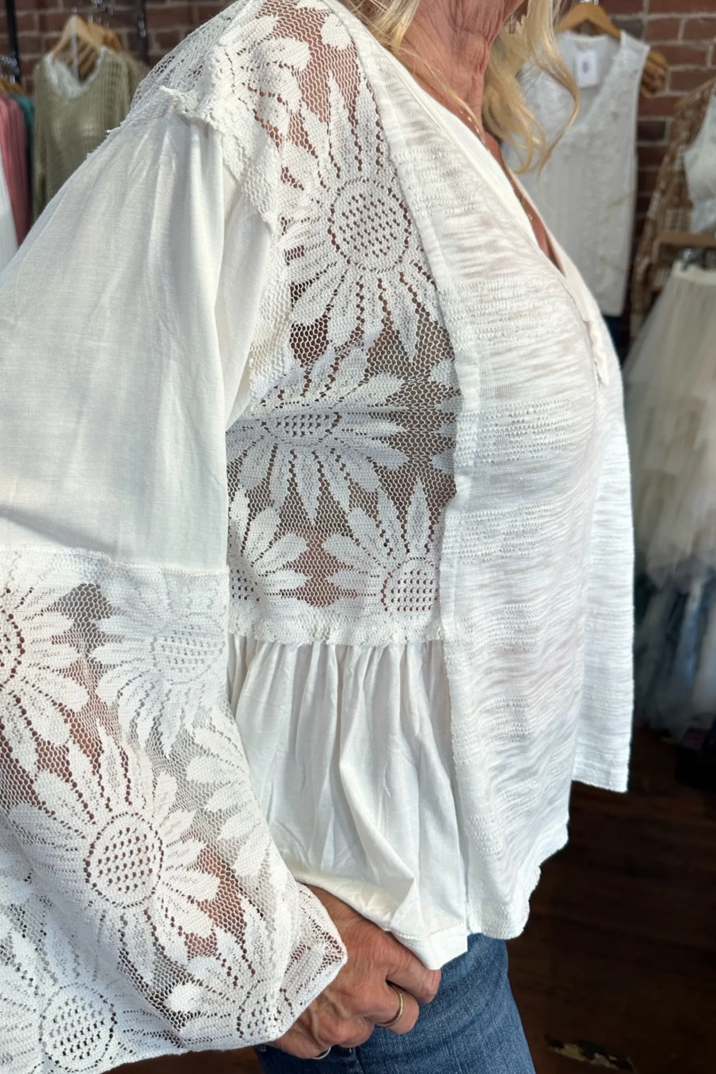 V- Neck Flare Sleeve Lace Detail Ivory Top by POL