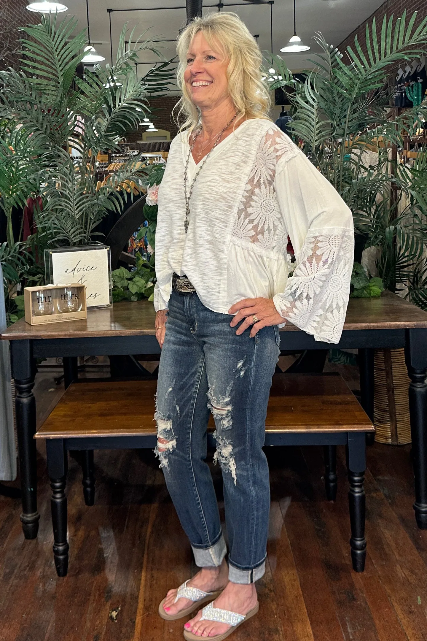 V- Neck Flare Sleeve Lace Detail Ivory Top by POL