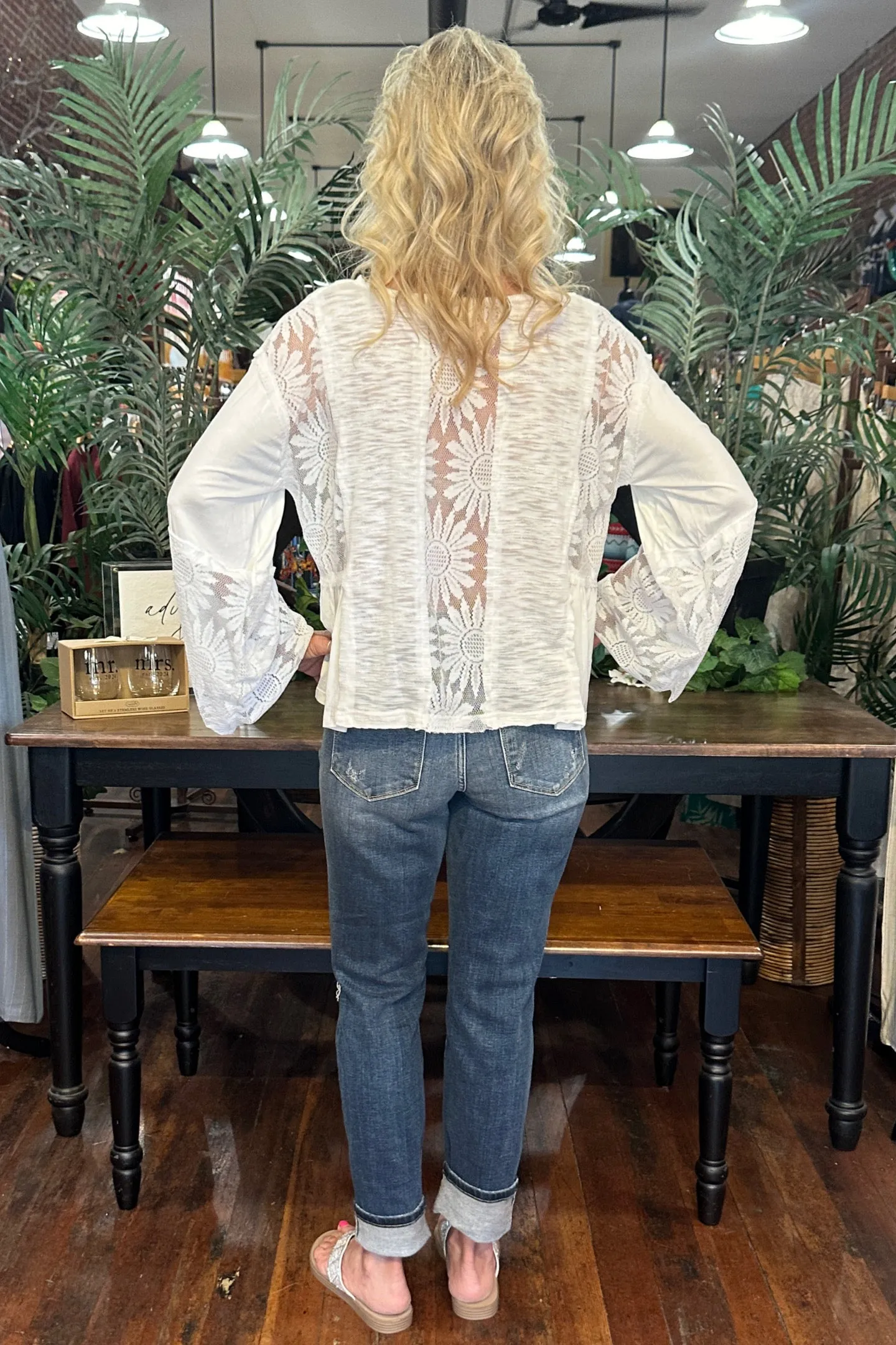 V- Neck Flare Sleeve Lace Detail Ivory Top by POL