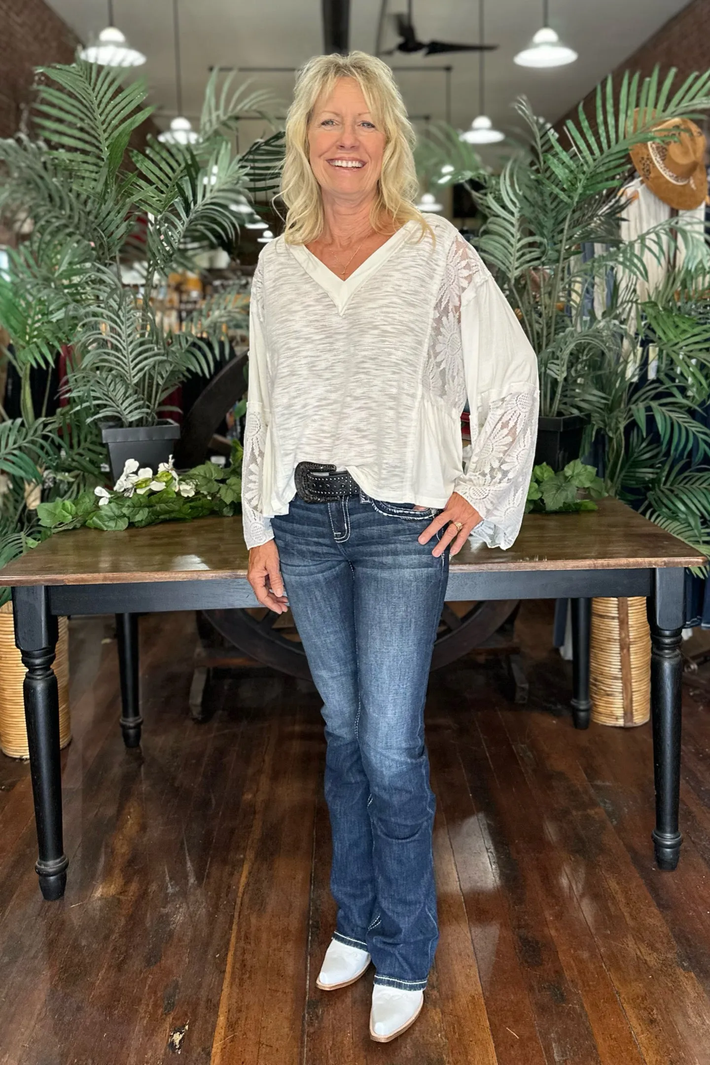 V- Neck Flare Sleeve Lace Detail Ivory Top by POL