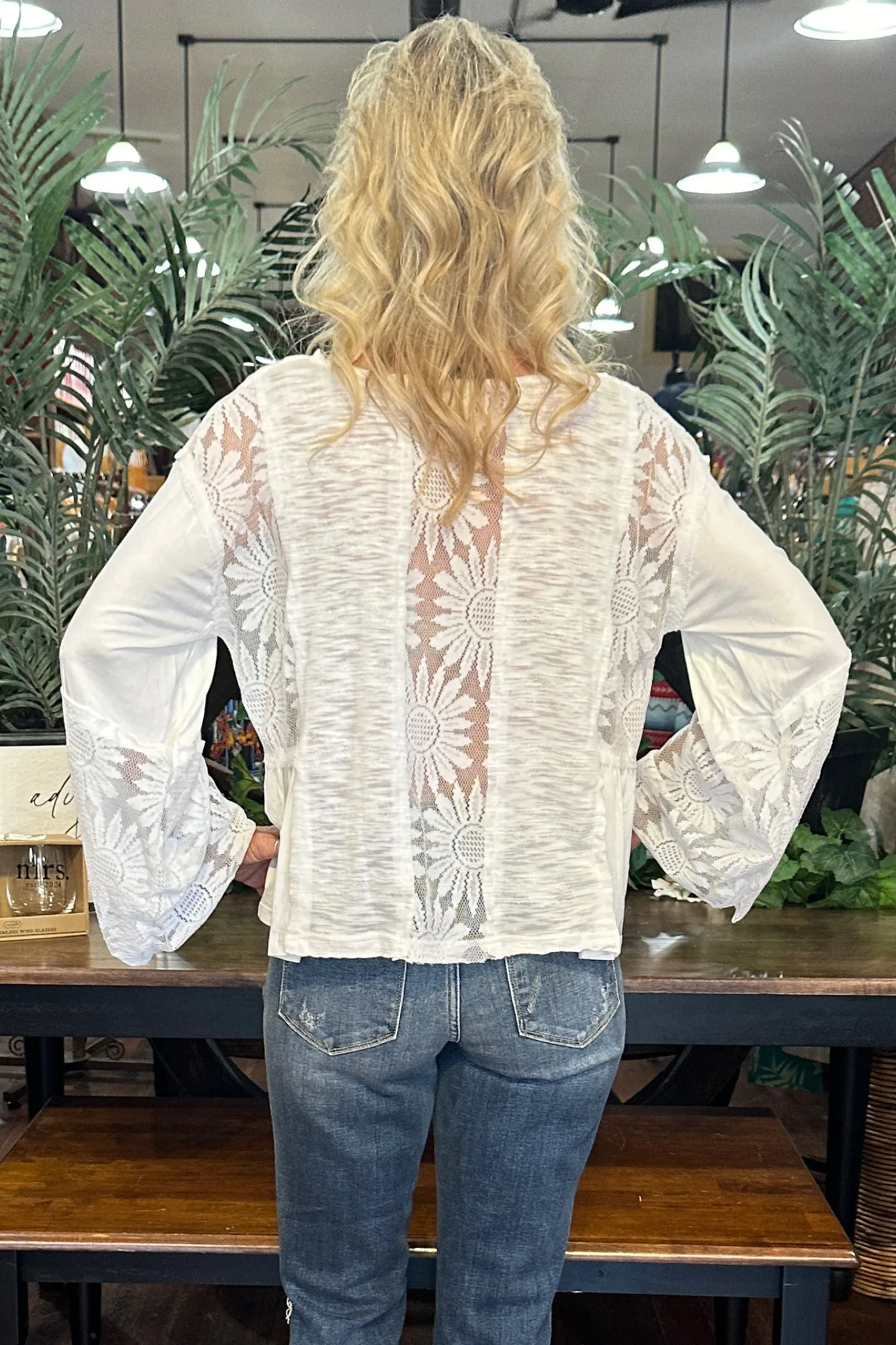 V- Neck Flare Sleeve Lace Detail Ivory Top by POL
