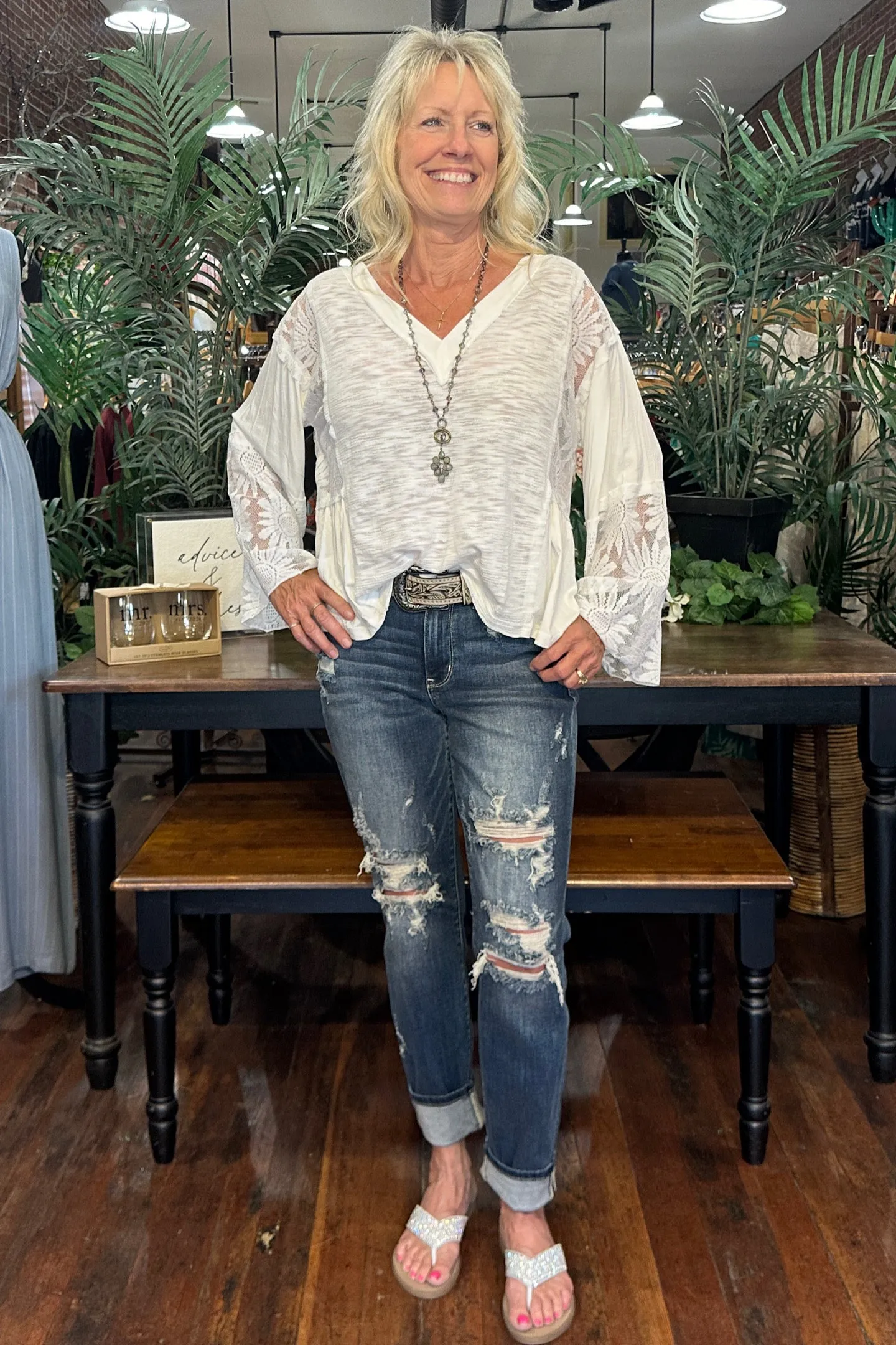 V- Neck Flare Sleeve Lace Detail Ivory Top by POL