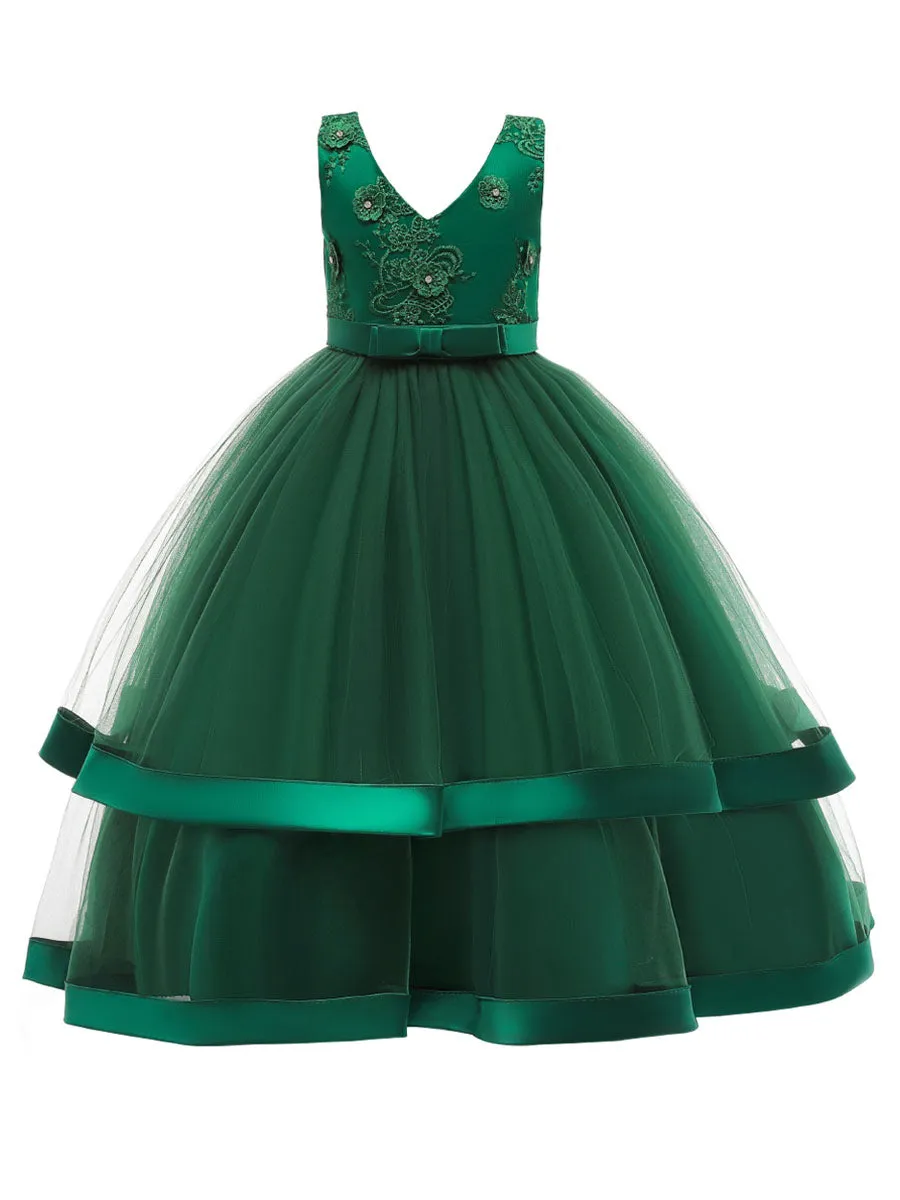 V Neck Polyester Cotton Sleeveless Ankle Length Princess Embroidered Kids Party Dresses
