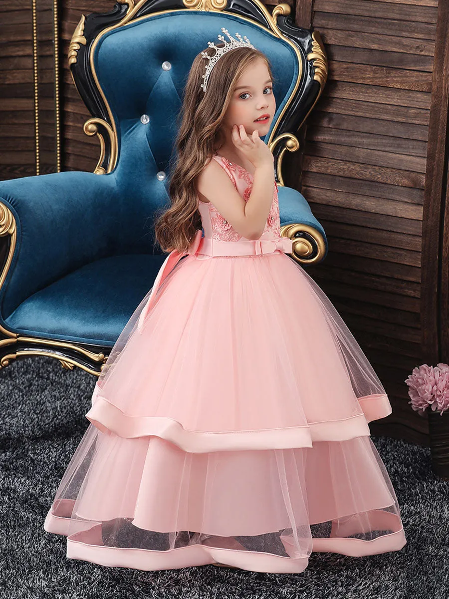 V Neck Polyester Cotton Sleeveless Ankle Length Princess Embroidered Kids Party Dresses