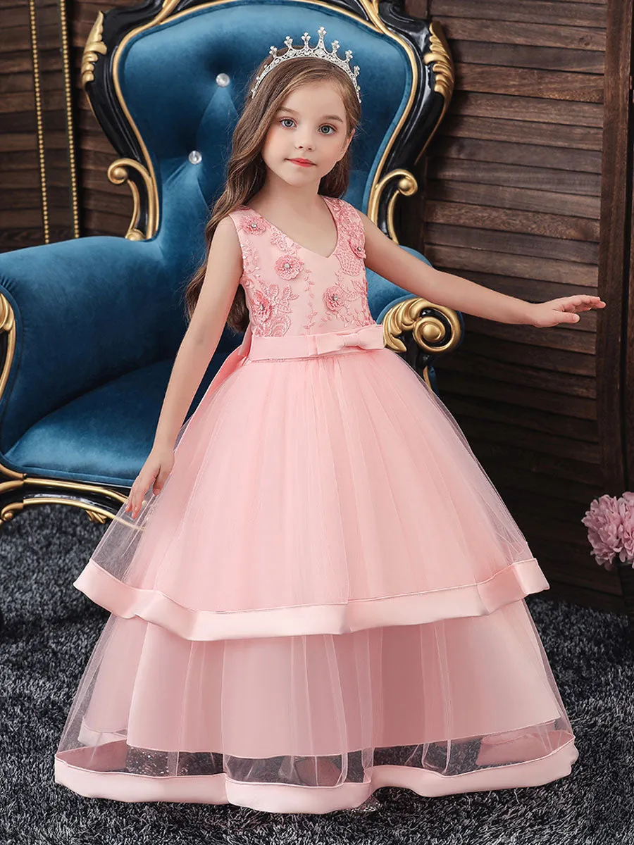 V Neck Polyester Cotton Sleeveless Ankle Length Princess Embroidered Kids Party Dresses