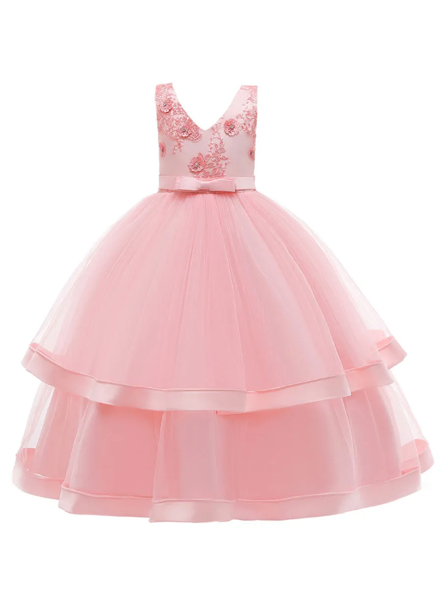 V Neck Polyester Cotton Sleeveless Ankle Length Princess Embroidered Kids Party Dresses