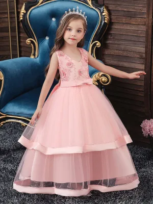 V Neck Polyester Cotton Sleeveless Ankle Length Princess Embroidered Kids Party Dresses