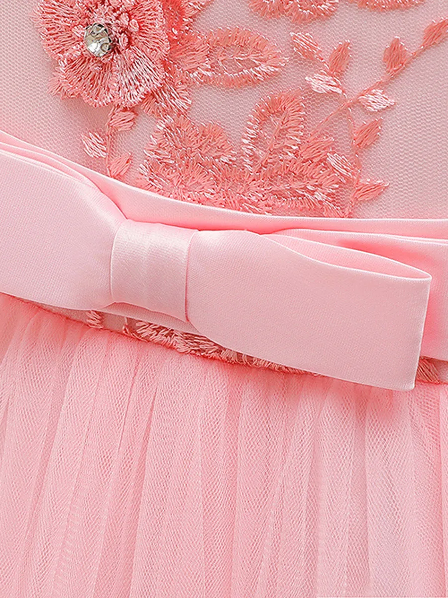 V Neck Polyester Cotton Sleeveless Ankle Length Princess Embroidered Kids Party Dresses