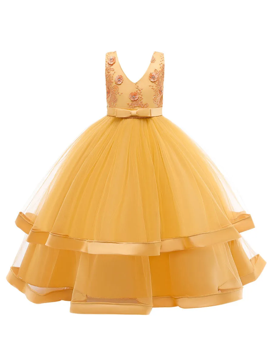 V Neck Polyester Cotton Sleeveless Ankle Length Princess Embroidered Kids Party Dresses