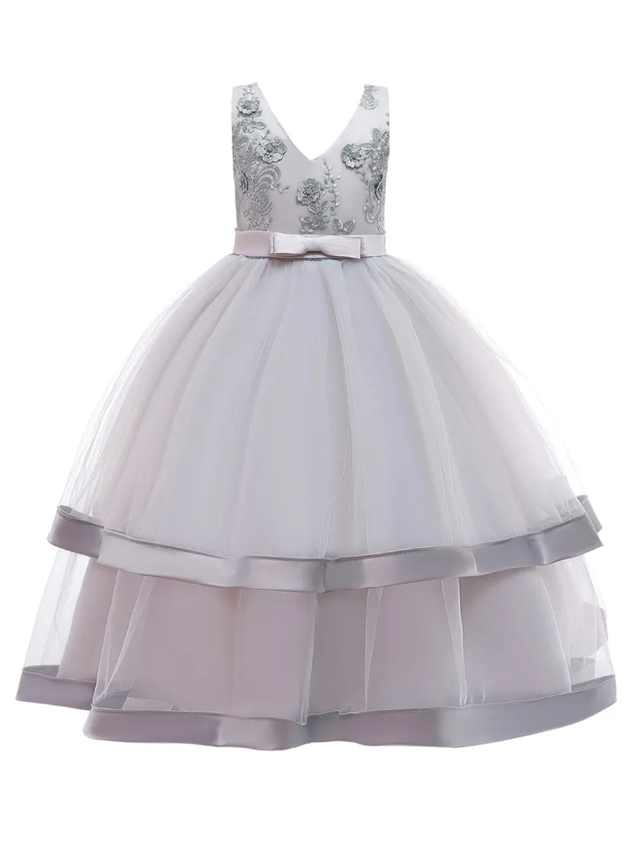 V Neck Polyester Cotton Sleeveless Ankle Length Princess Embroidered Kids Party Dresses