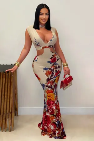 V Neck Sleeveless Floral Print Party Fishtail Maxi Dresses-Khaki [Pre Order]