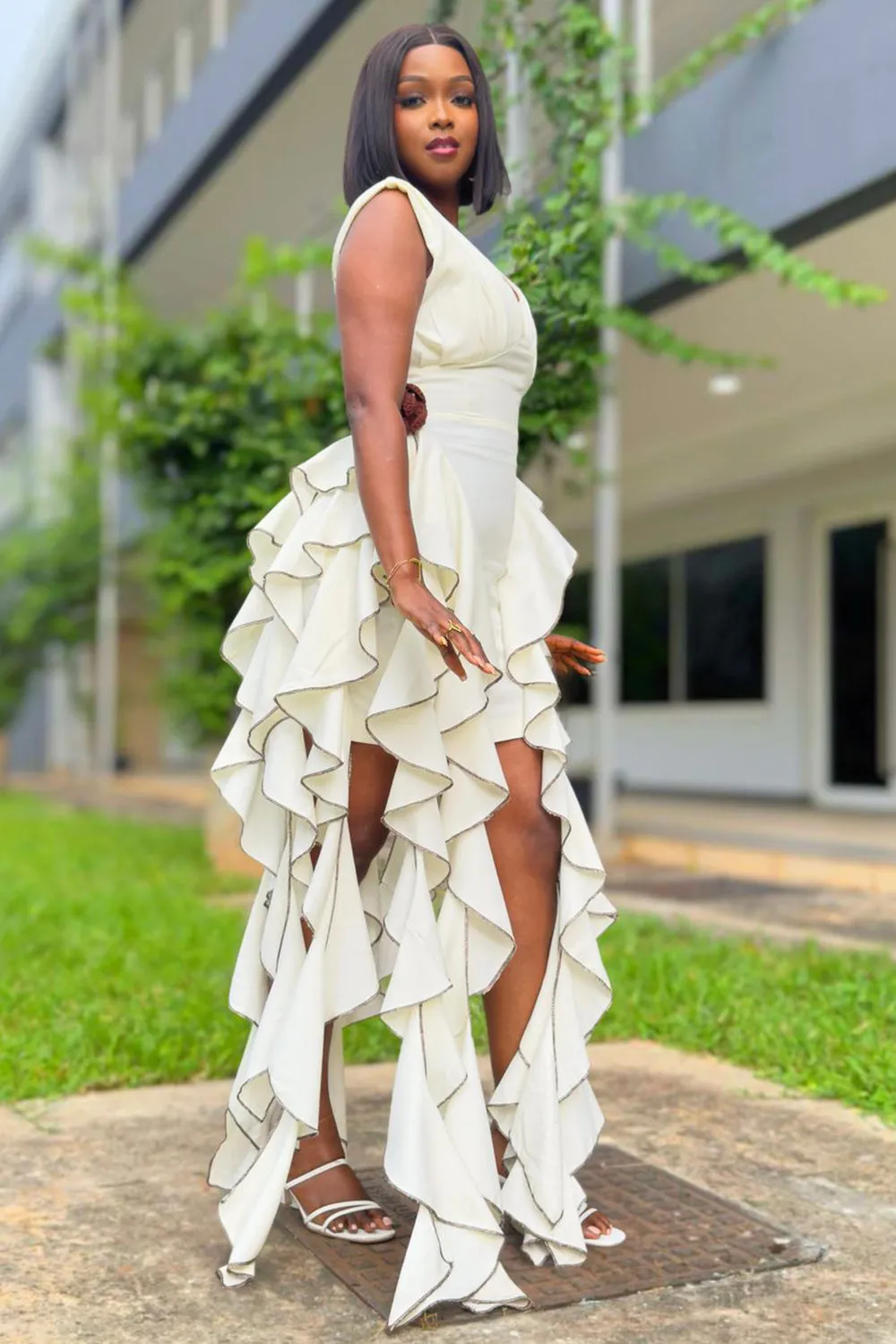 V Neck Sleeveless Ruffle Sash Bodycon Party Mini Dresses-White [Pre Order]