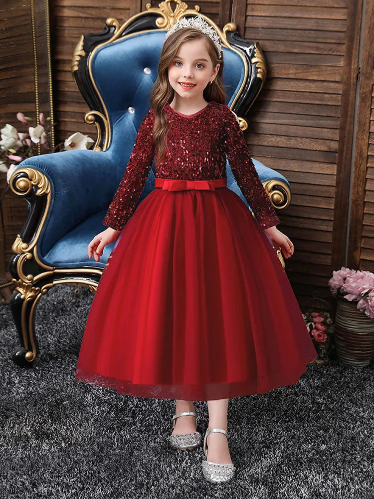V-Neck Tulle Long Sleeves Ankle-Length A-Line Bows Burgundy Kids Social Party Dresses