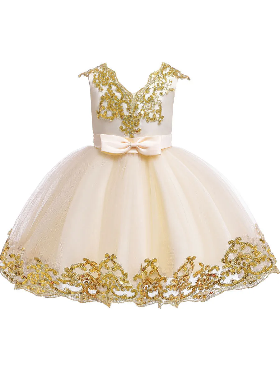 V-Neck Tulle Short Sleeves Short Princess Embroidered Kids Party Dresses