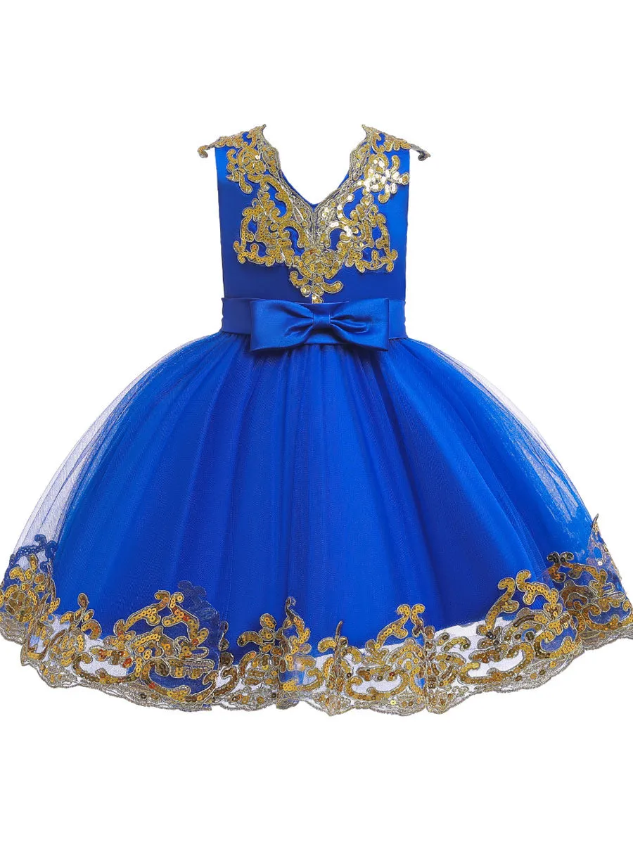 V-Neck Tulle Short Sleeves Short Princess Embroidered Kids Party Dresses