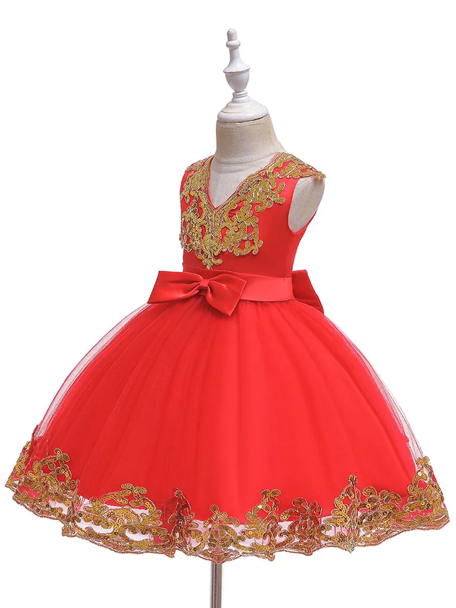 V-Neck Tulle Short Sleeves Short Princess Embroidered Kids Party Dresses