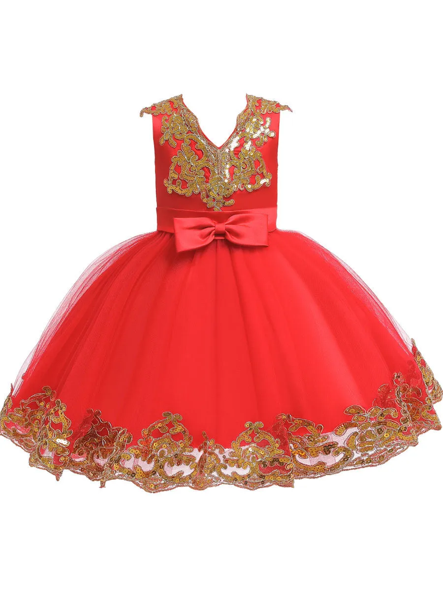 V-Neck Tulle Short Sleeves Short Princess Embroidered Kids Party Dresses