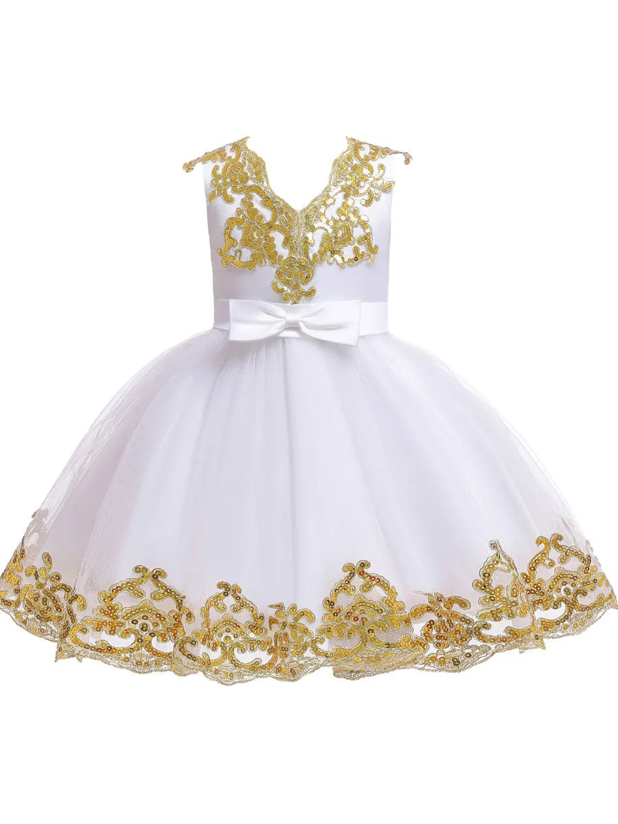 V-Neck Tulle Short Sleeves Short Princess Embroidered Kids Party Dresses