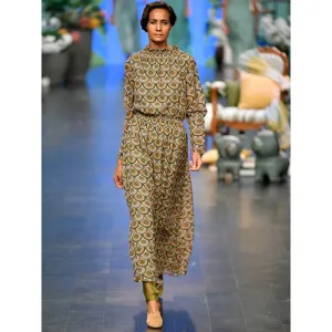 VARUN BAHL Olive Printed Scallop Dress