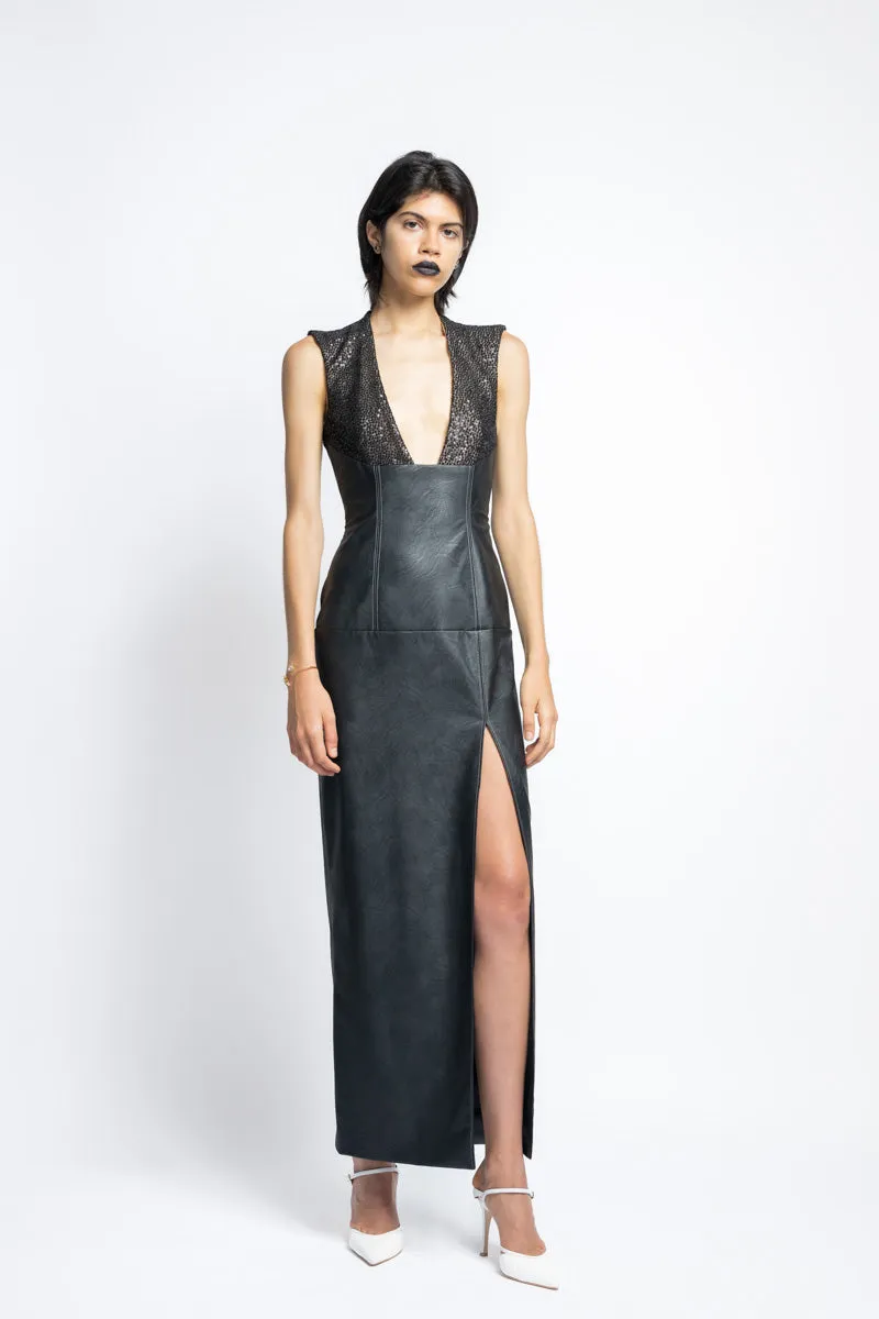 Vegan Leather And Nailhead Hand Embroidered Sequins Cocktail Dress