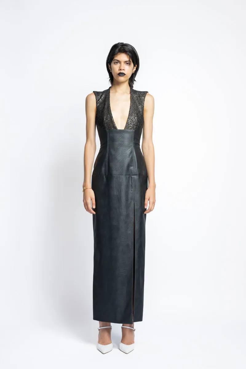 Vegan Leather And Nailhead Hand Embroidered Sequins Cocktail Dress