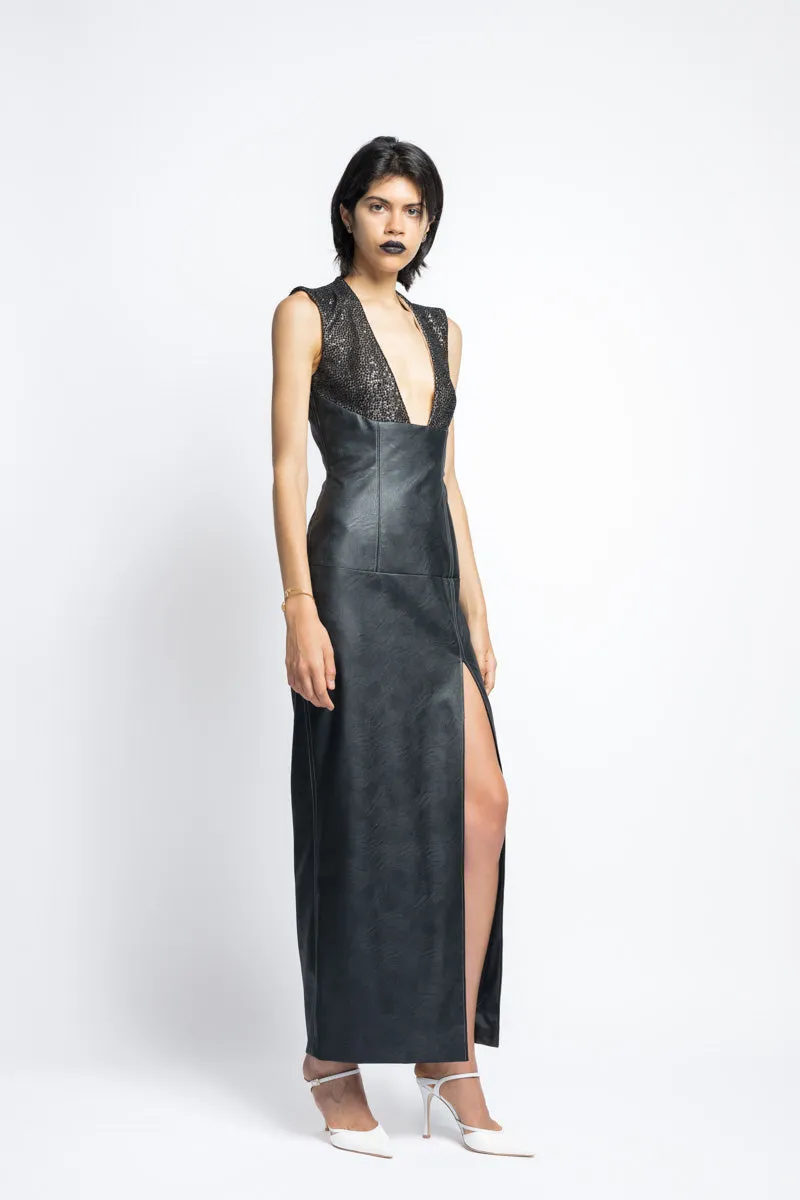Vegan Leather And Nailhead Hand Embroidered Sequins Cocktail Dress