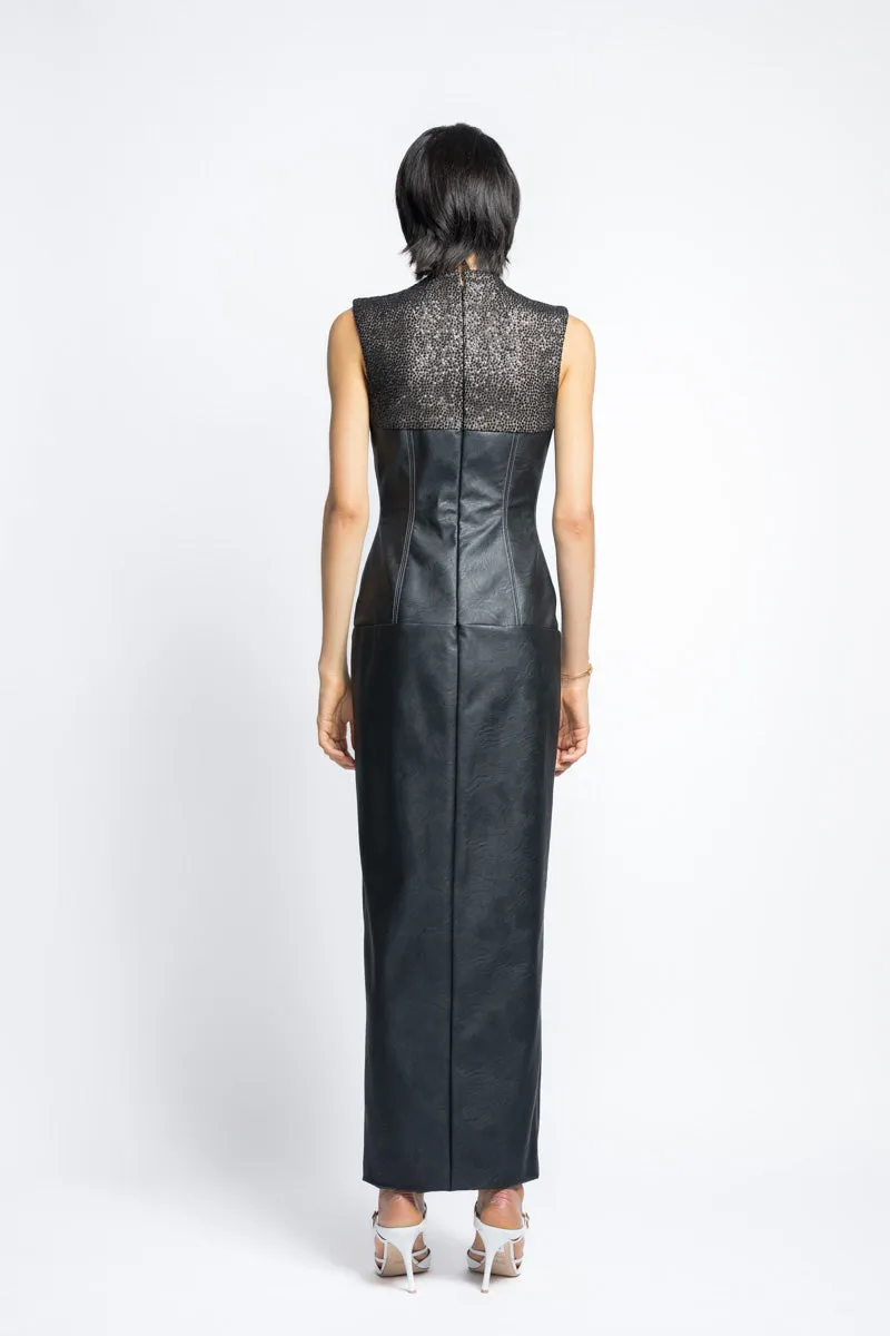 Vegan Leather And Nailhead Hand Embroidered Sequins Cocktail Dress