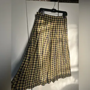 Vintage  Black &amp; Yellow Checkered Cotton &amp; Linen Midi Modest Pleated Skirt Sz M