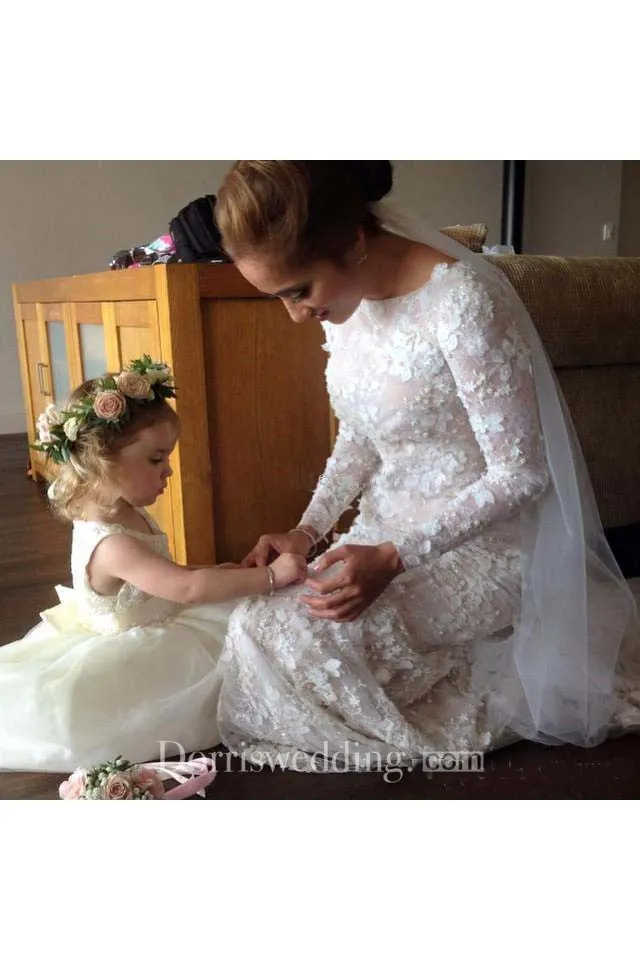 Vintage Long Sleeve 3D-floral Appliques Crystal Mermaid Wedding Dress - 715335