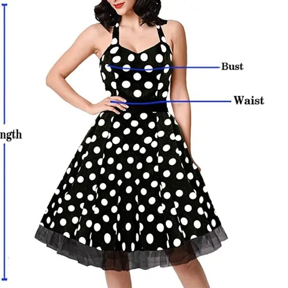 Vintage/Retro Style Polka Dot Halter Dress - Black/White - Size Medium