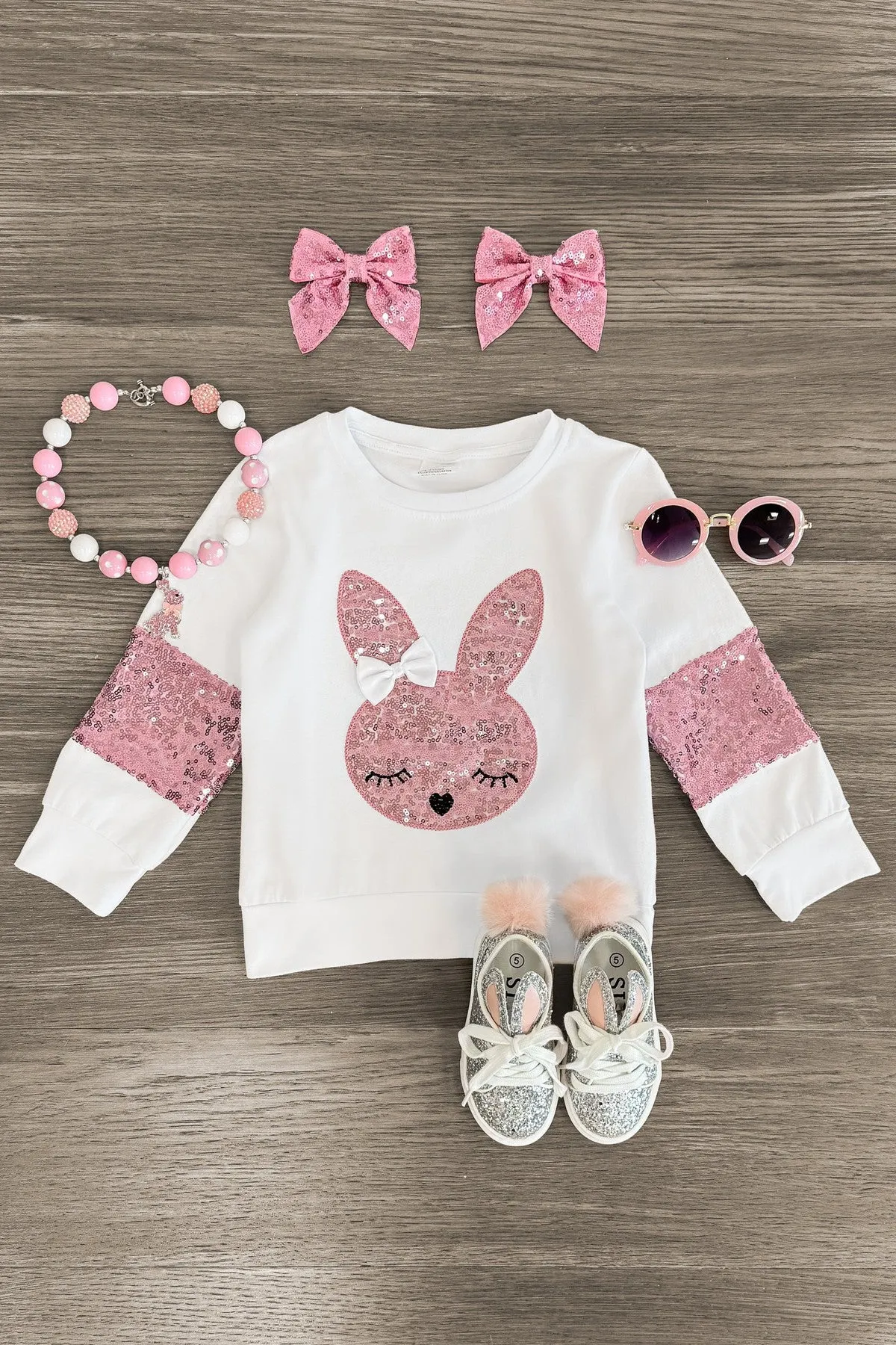 White & Pink Sequin Bunny Top
