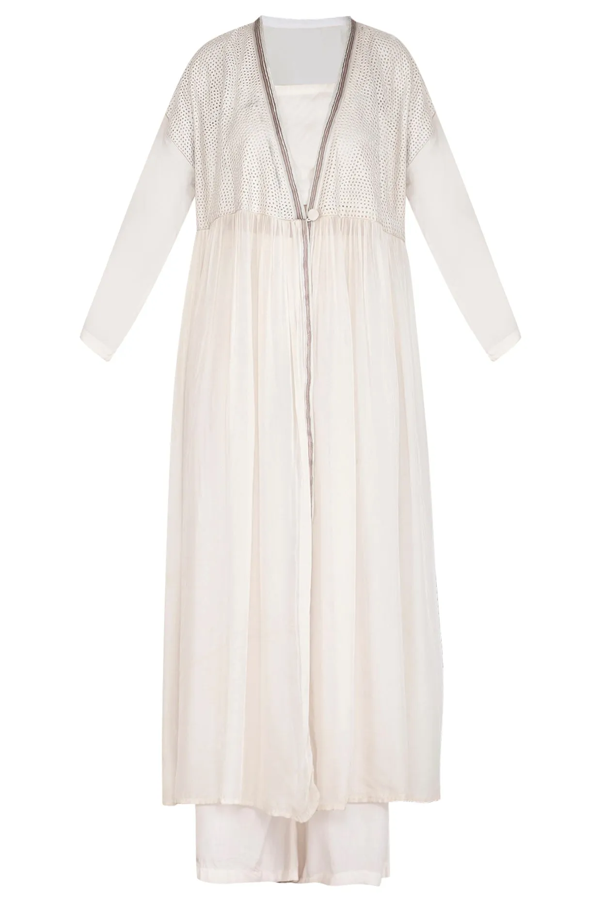 White Embroidered Shrug Jacket With Crop Top & Palazzo Pants