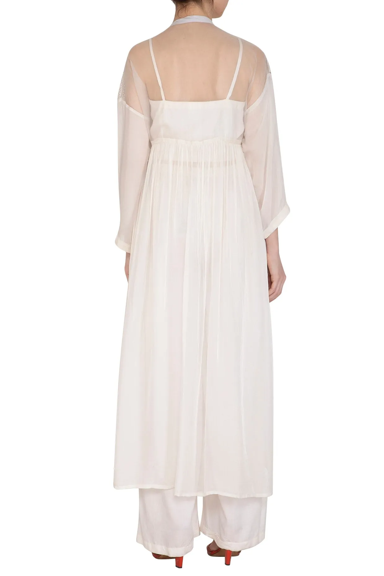 White Embroidered Shrug Jacket With Crop Top & Palazzo Pants