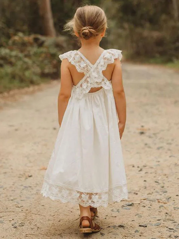 White Jewel Neck Sleeveless Lace Kids Social Party Dresses