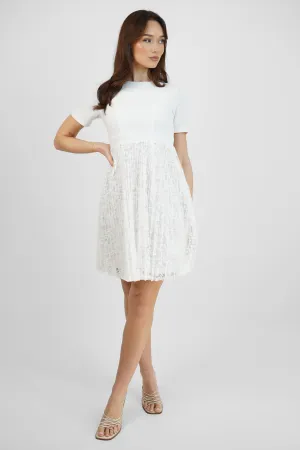White Pleated Lace Skirt Skater Dress