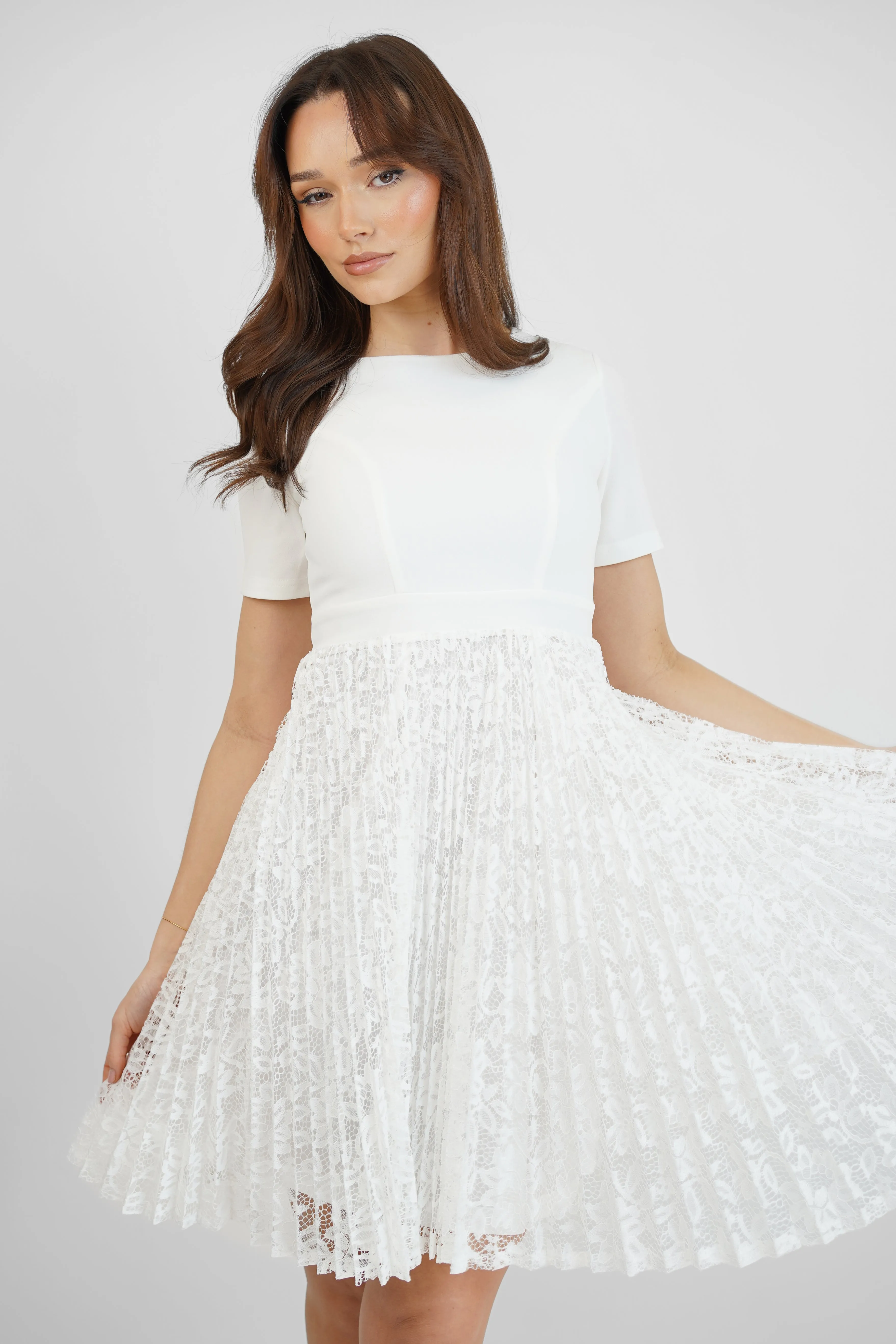 White Pleated Lace Skirt Skater Dress