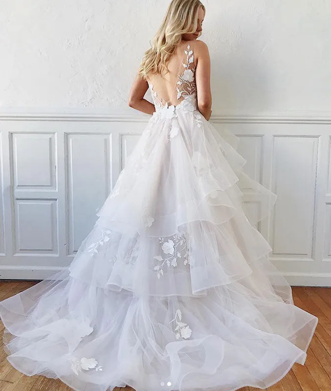 White v neck tulle lace long prom dress, white evening dress
