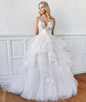 White v neck tulle lace long prom dress, white evening dress