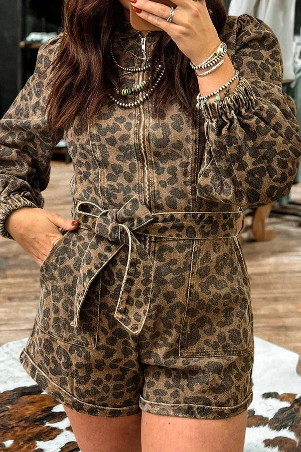 Wild Leopard Print Puff Sleeve Zipper Romper