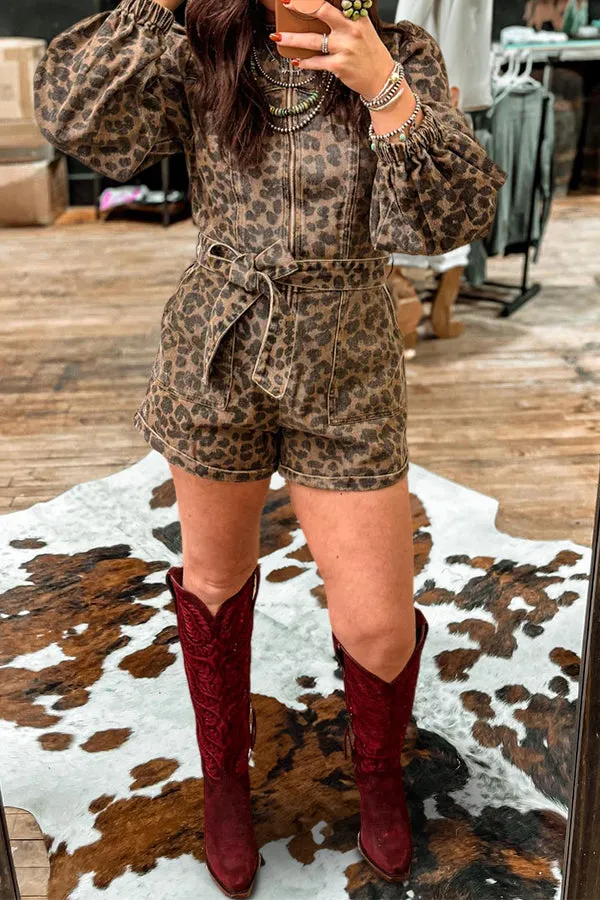 Wild Leopard Print Puff Sleeve Zipper Romper