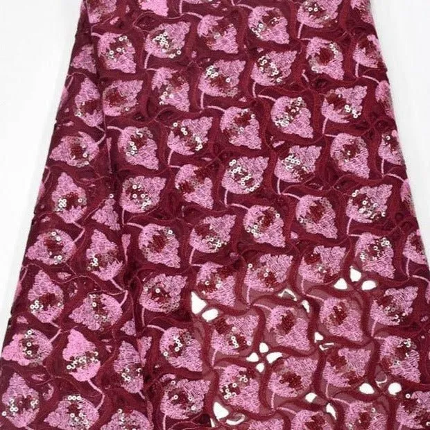 Wine & Pink Laser Cut Cotton Lace - ial042
