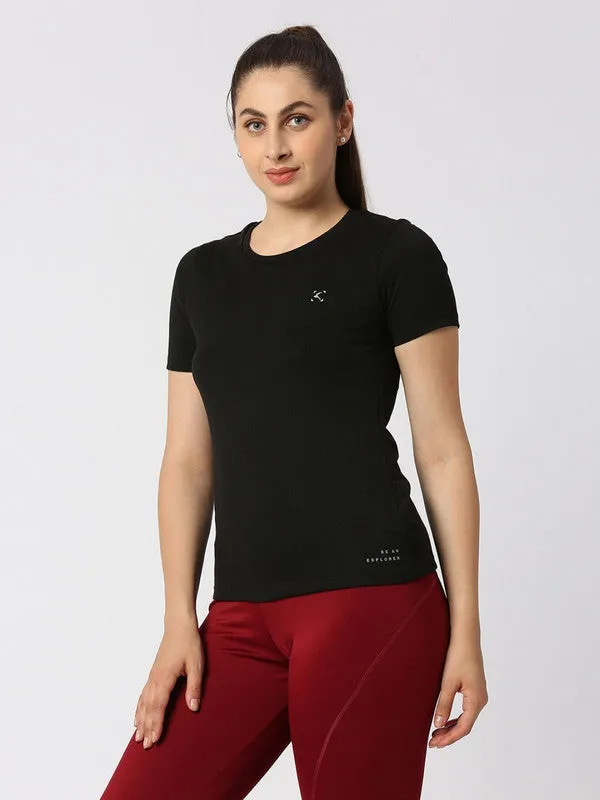 Women Black Solid Top - Crescent Crew-BK