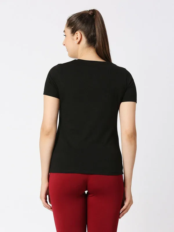 Women Black Solid Top - Crescent Crew-BK