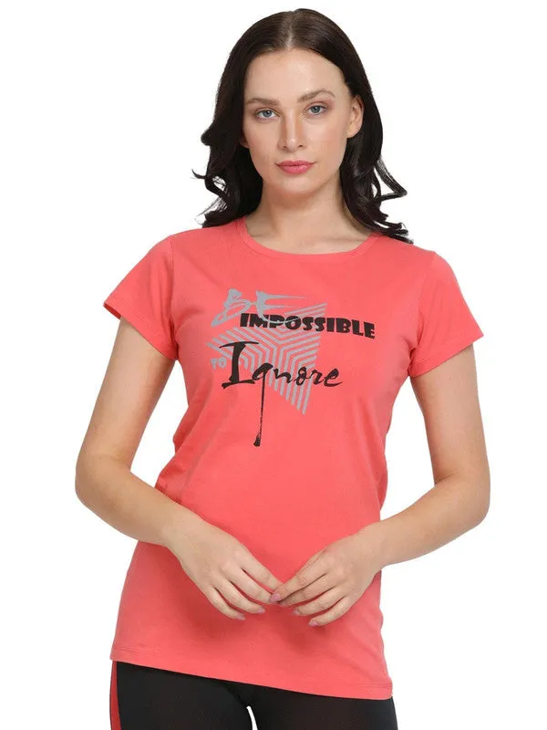 Women Coral Pink Regular Fit Printed Top - CREW NECK TEE PRINT-CP