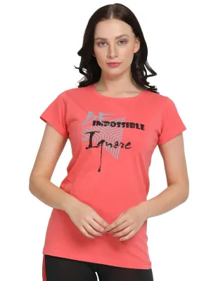 Women Coral Pink Regular Fit Printed Top - CREW NECK TEE PRINT-CP