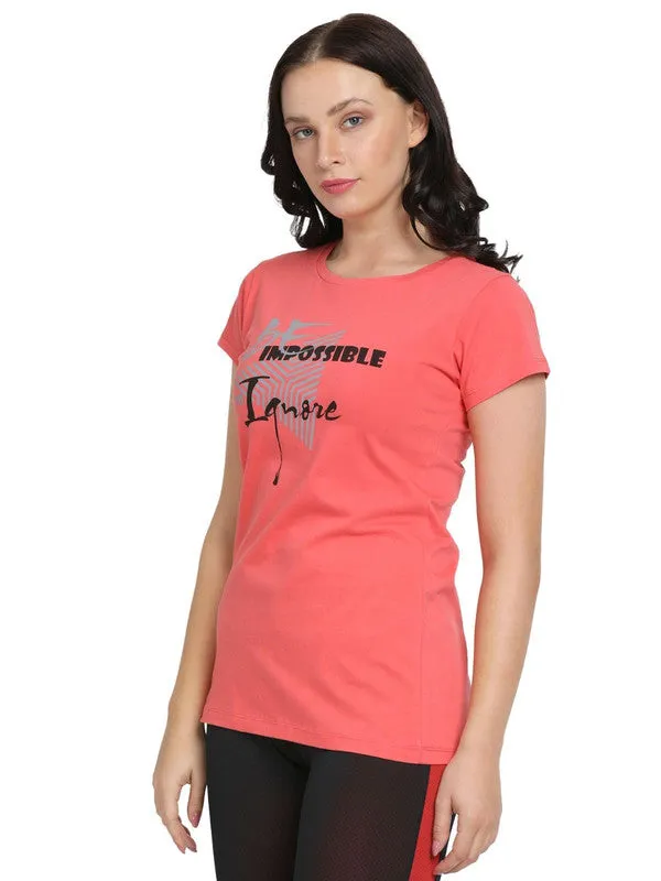 Women Coral Pink Regular Fit Printed Top - CREW NECK TEE PRINT-CP