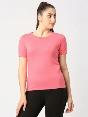 Women Coral Pink Solid Top - Crescent Crew-CP